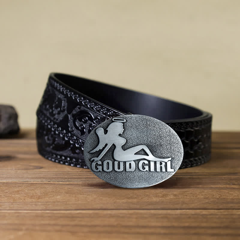 Men's DIY Bad Girl Good Girl Buckle Leather Belt - Good Girl - Black Carved Belt (40) - image 15
