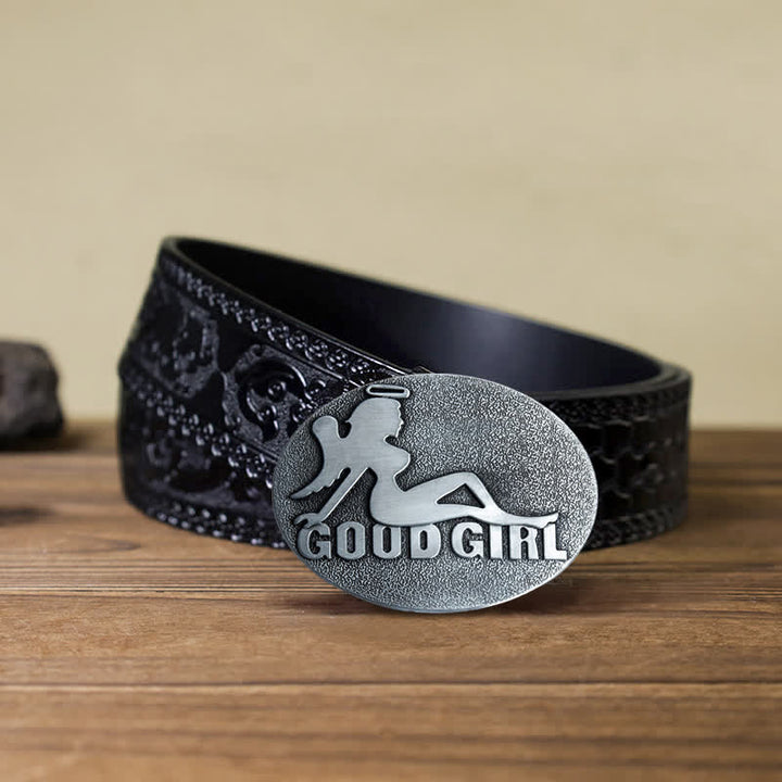 Men's DIY Bad Girl Good Girl Buckle Leather Belt - Good Girl - Black Carved Belt (40) - image 15