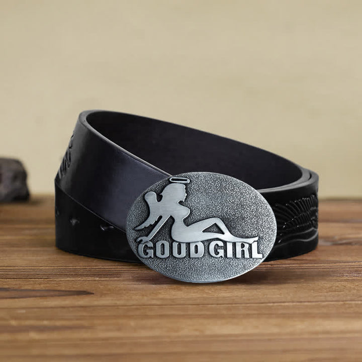 Men's DIY Bad Girl Good Girl Buckle Leather Belt - Good Girl - Black Embossed Eagle Belt (40) - image 13