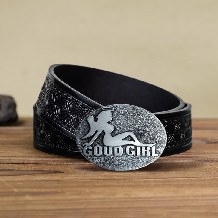 Men's DIY Bad Girl Good Girl Buckle Leather Belt - Good Girl - Black Embossed Weave Belt (40) - image 14