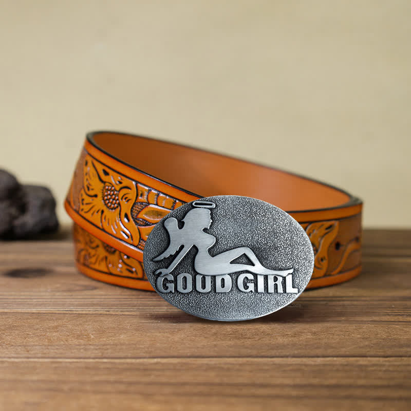Men's DIY Bad Girl Good Girl Buckle Leather Belt - Good Girl - Orange Carved Belt (40) - image 18