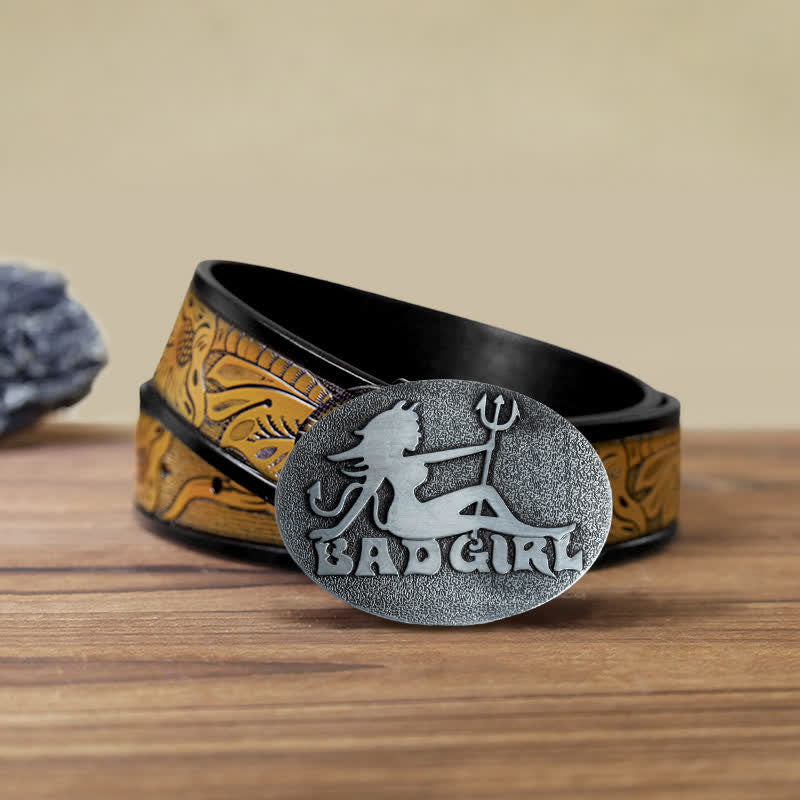 Men's DIY Bad Girl Good Girl Buckle Leather Belt - Bad Girl - SandyBrown Belt (40) - image 9