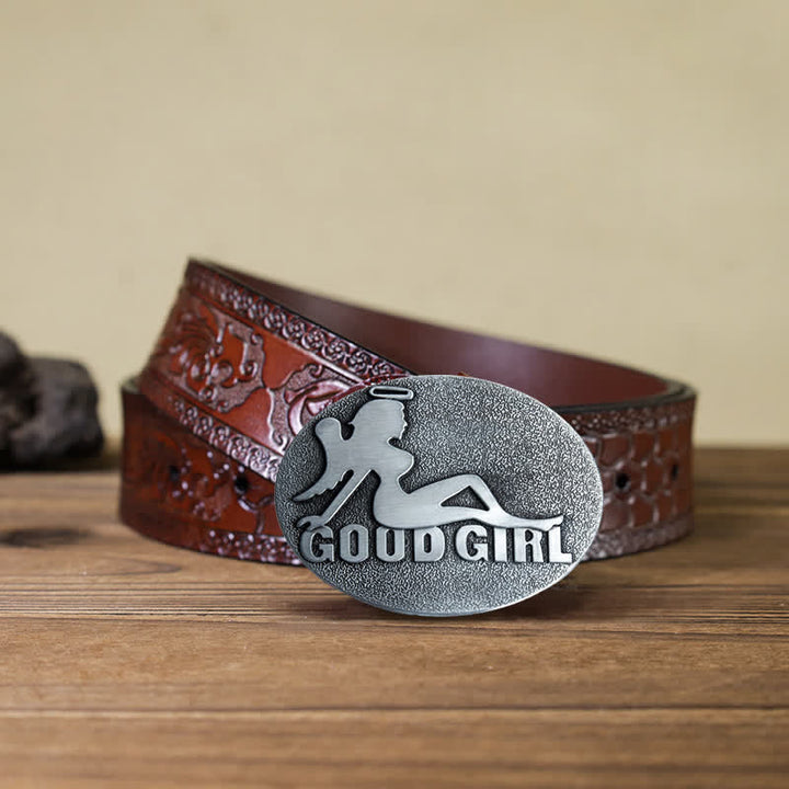 Men's DIY Bad Girl Good Girl Buckle Leather Belt - Good Girl - Brown Carved Belt (40) - image 16