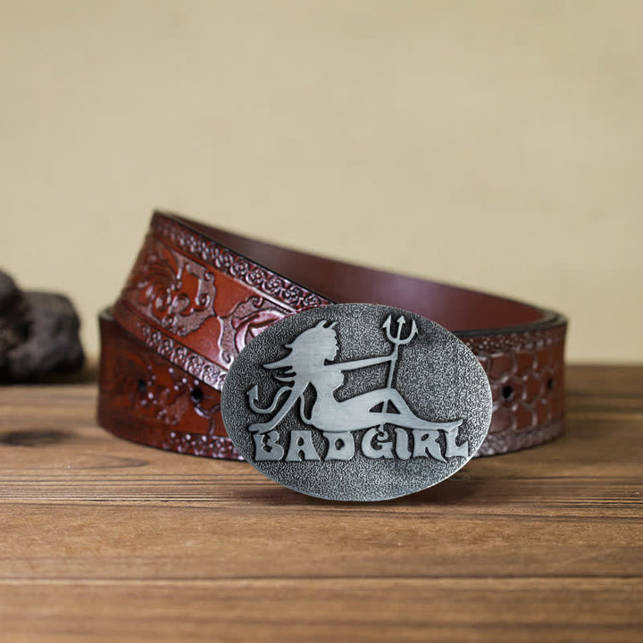 Men's DIY Bad Girl Good Girl Buckle Leather Belt - Bad Girl - Brown Carved Belt (40) - image 8