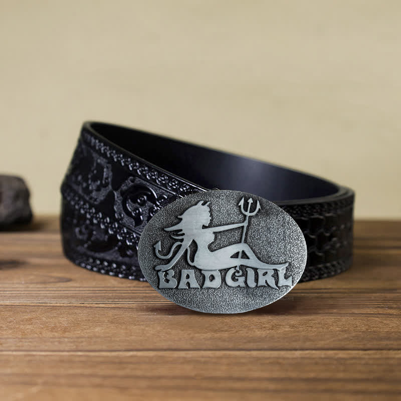 Men's DIY Bad Girl Good Girl Buckle Leather Belt - Bad Girl - Black Carved Belt (40) - image 7