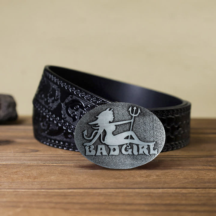 Men's DIY Bad Girl Good Girl Buckle Leather Belt - Bad Girl - Black Carved Belt (40) - image 7