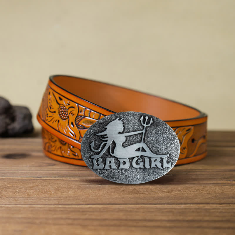 Men's DIY Bad Girl Good Girl Buckle Leather Belt - Bad Girl - Orange Carved Belt (40) - image 10