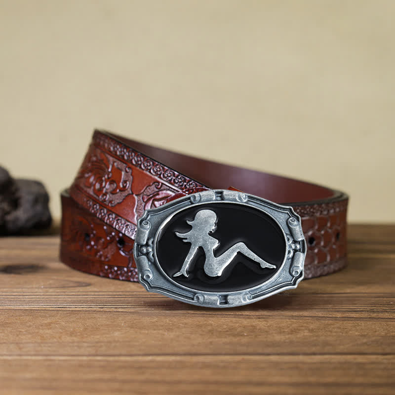 Men's DIY Punk Lady Silhouette Buckle Leather Belt - Lady - Brown Carved Belt (40) - image 8
