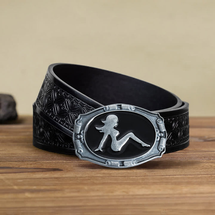 Men's DIY Punk Lady Silhouette Buckle Leather Belt - Lady - Black Embossed Weave Belt (40) - image 6