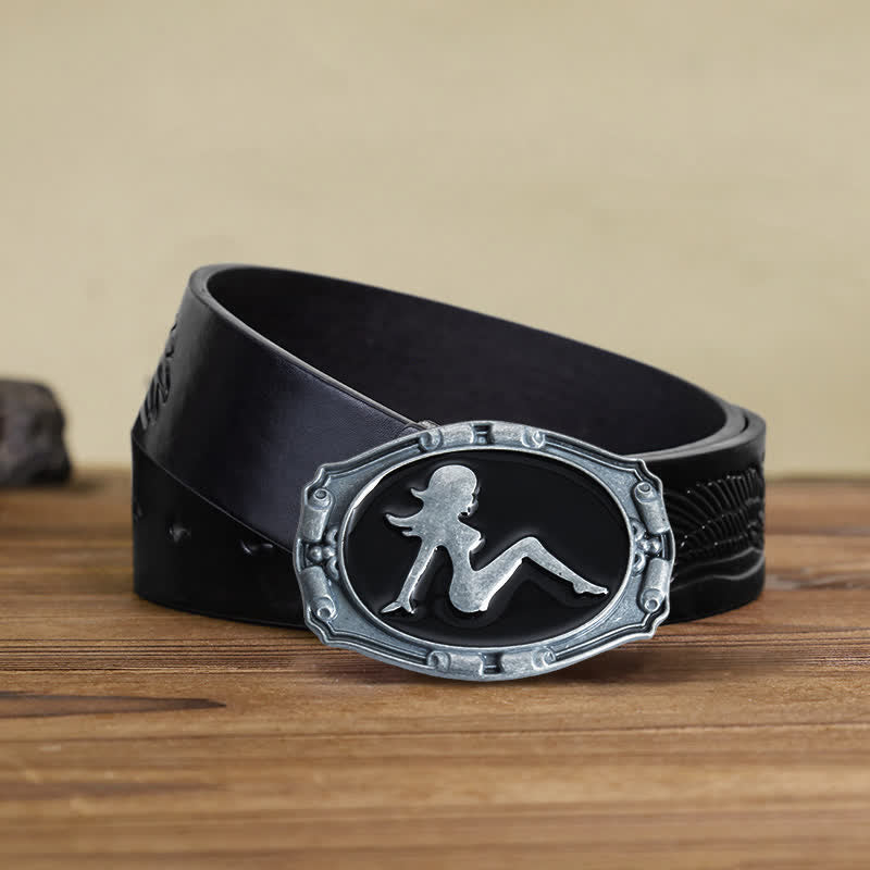 Men's DIY Punk Lady Silhouette Buckle Leather Belt - Lady - Black Embossed Eagle Belt (40) - image 5