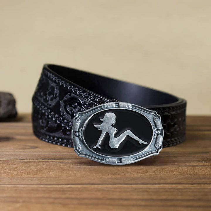 Men's DIY Punk Lady Silhouette Buckle Leather Belt - Lady - Black Carved Belt (40) - image 7