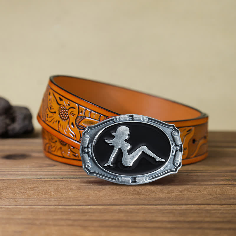 Men's DIY Punk Lady Silhouette Buckle Leather Belt - Lady - Orange Carved Belt (40) - image 10