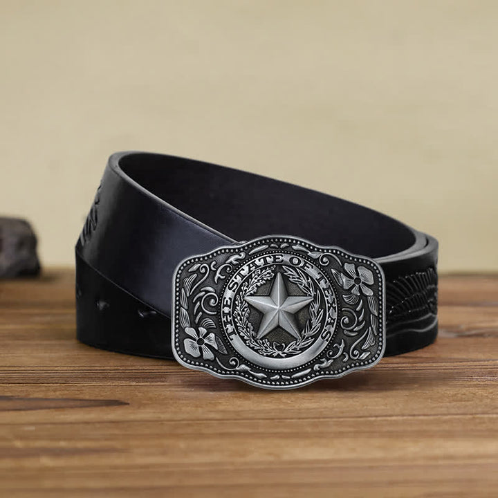 Men's DIY Five Star Texas State Buckle Leather Belt - Antique Silver - Black Embossed Eagle Belt (40) - image 6