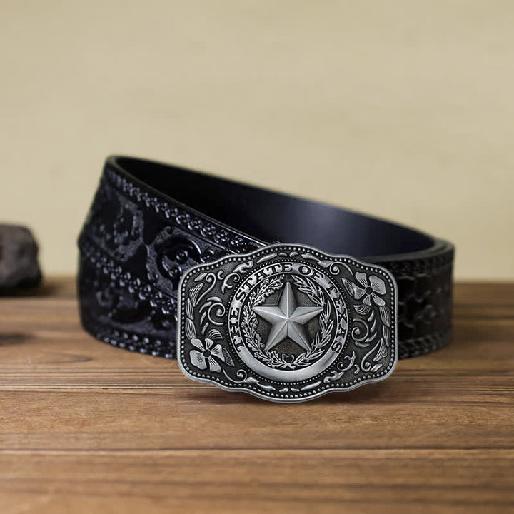 Men's DIY Five Star Texas State Buckle Leather Belt - Antique Silver - Black Carved Belt (40) - image 8