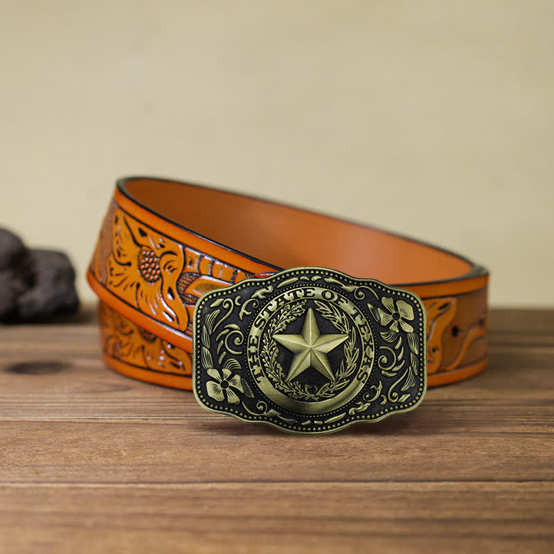 Men's DIY Five Star Texas State Buckle Leather Belt - Antique Bronze - Orange Carved Belt (40) - image 19