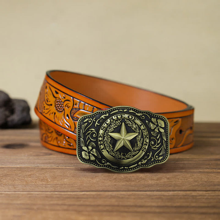 Men's DIY Five Star Texas State Buckle Leather Belt - Antique Bronze - Orange Carved Belt (40) - image 19