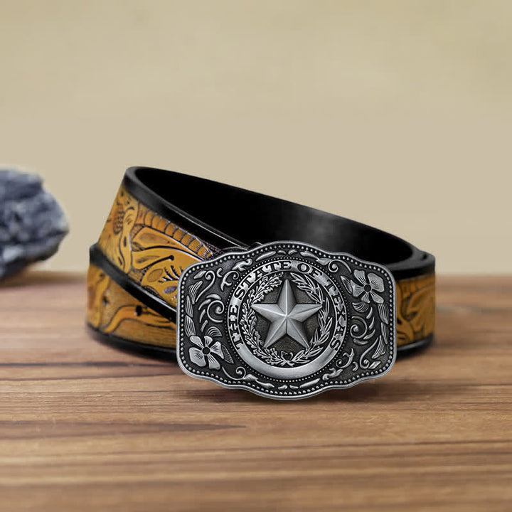 Men's DIY Five Star Texas State Buckle Leather Belt - Antique Silver - SandyBrown Belt (40) - image 10