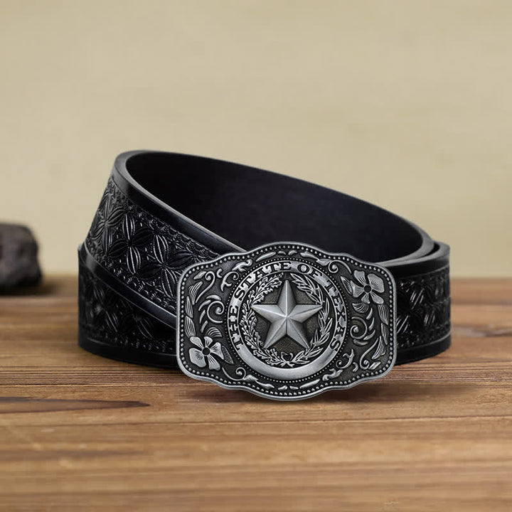 Men's DIY Five Star Texas State Buckle Leather Belt - Antique Silver - Black Embossed Weave Belt (40) - image 7