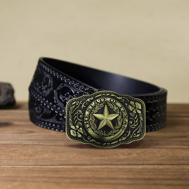 Men's DIY Five Star Texas State Buckle Leather Belt - Antique Bronze - Black Carved Belt (40) - image 16
