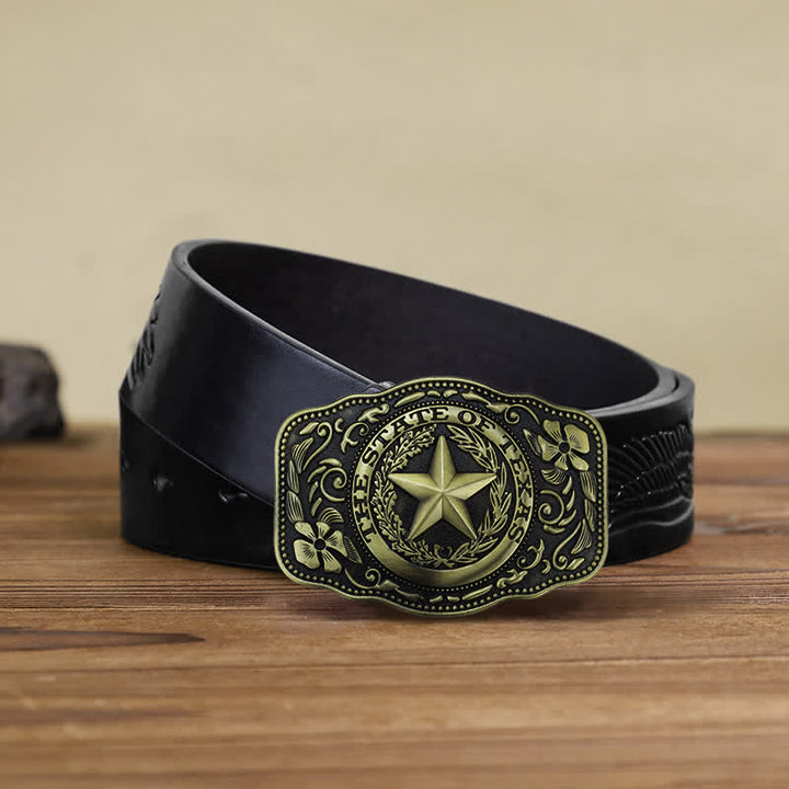 Men's DIY Five Star Texas State Buckle Leather Belt - Antique Bronze - Black Embossed Eagle Belt (40) - image 14