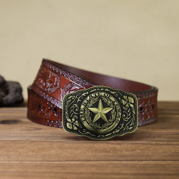 Men's DIY Five Star Texas State Buckle Leather Belt - Antique Bronze - Brown Carved Belt (40) - image 17