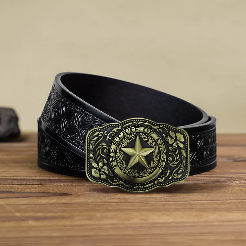 Men's DIY Five Star Texas State Buckle Leather Belt - Antique Bronze - Black Embossed Weave Belt (40) - image 15