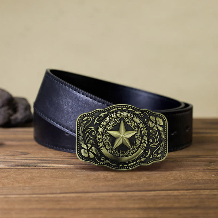 Men's DIY Five Star Texas State Buckle Leather Belt - Antique Bronze - Black PU Belt (40) - image 13
