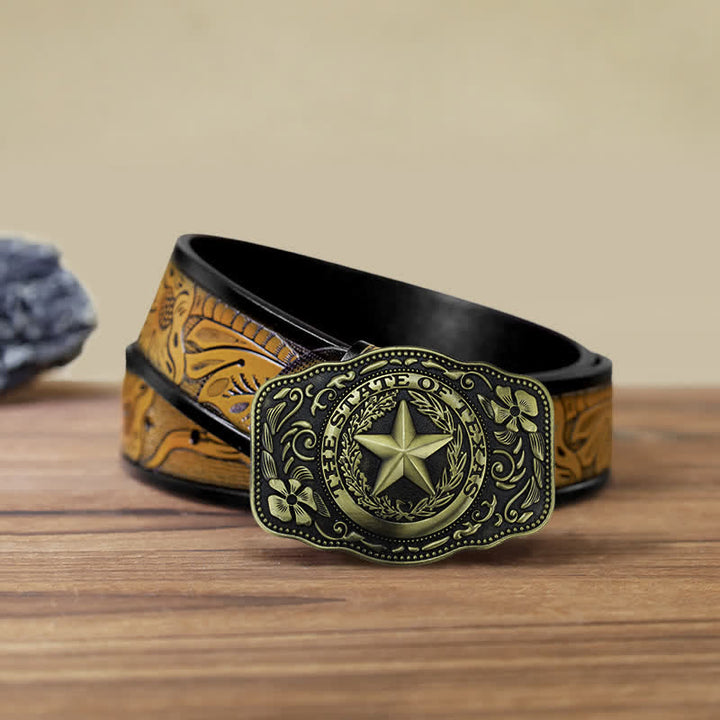 Men's DIY Five Star Texas State Buckle Leather Belt - Antique Bronze - SandyBrown Belt (40) - image 18