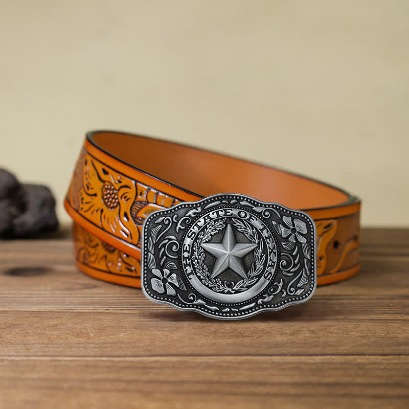 Men's DIY Five Star Texas State Buckle Leather Belt - Antique Silver - Orange Carved Belt (40) - image 11