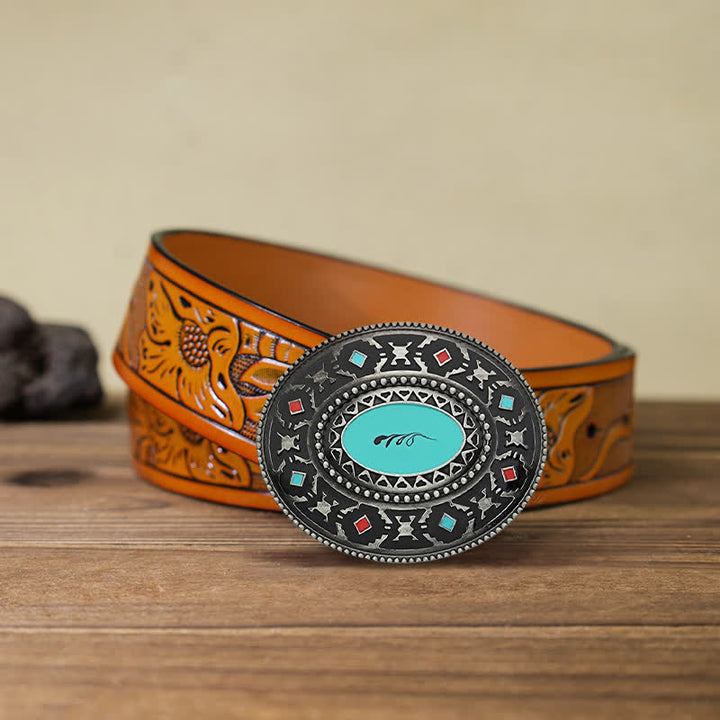 Men's DIY Western Colorul Enameled Leather Belt - Colorful - Orange Carved Belt (40) - image 9