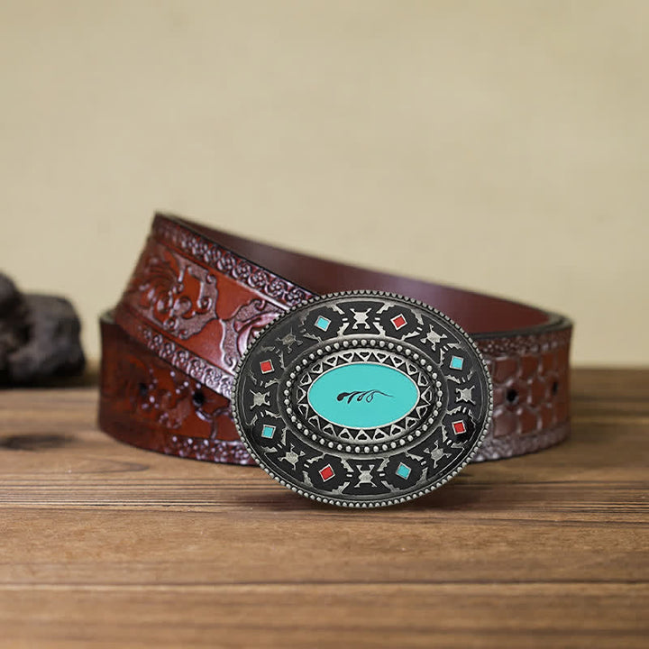 Men's DIY Western Colorul Enameled Leather Belt - Colorful - Brown Carved Belt (40) - image 7