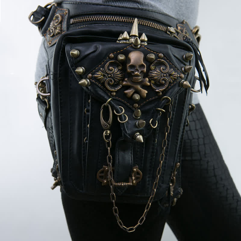 Gothic Retro Steampunk Skull & Studded Crossbody Waist Bag - Black - image 0