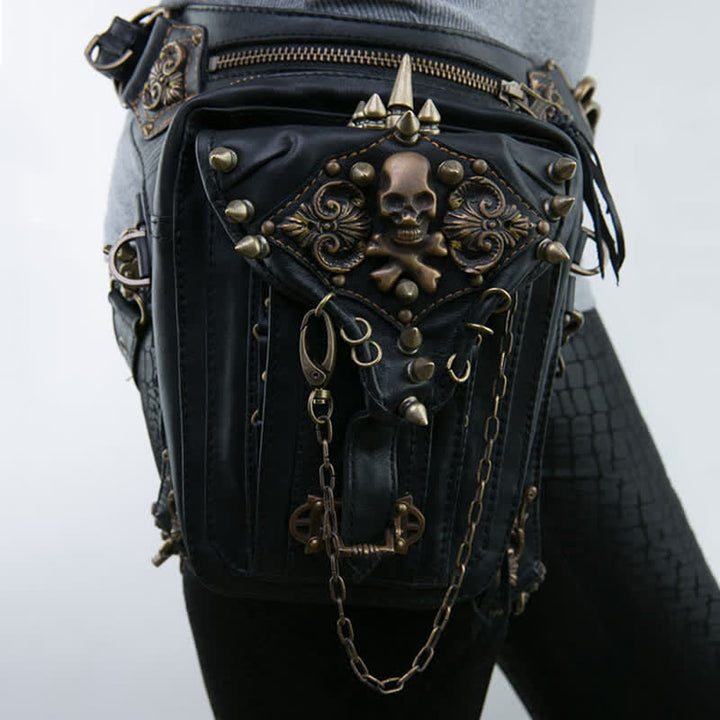 Gothic Retro Steampunk Skull & Studded Crossbody Waist Bag - Black - image 0