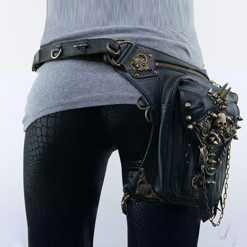 Gothic Retro Steampunk Skull & Studded Crossbody Waist Bag - image 1
