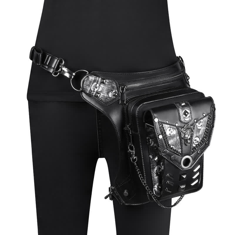 Skull Studs Decoration Steampunk Chain Waist Leg Bag - Black - image 0