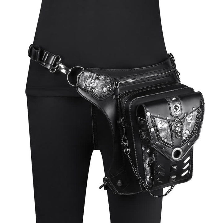 Skull Studs Decoration Steampunk Chain Waist Leg Bag - Black - image 0