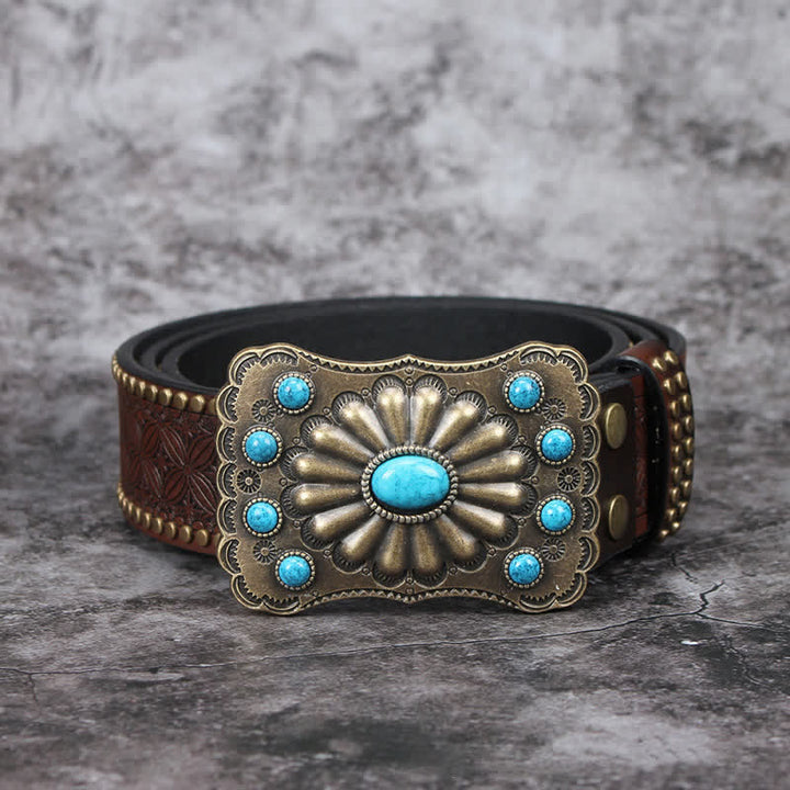 Men's Western Turquoise Stone Embellishment Leather Belt - image 2