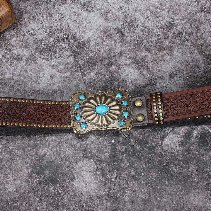 Men's Western Turquoise Stone Embellishment Leather Belt - image 4