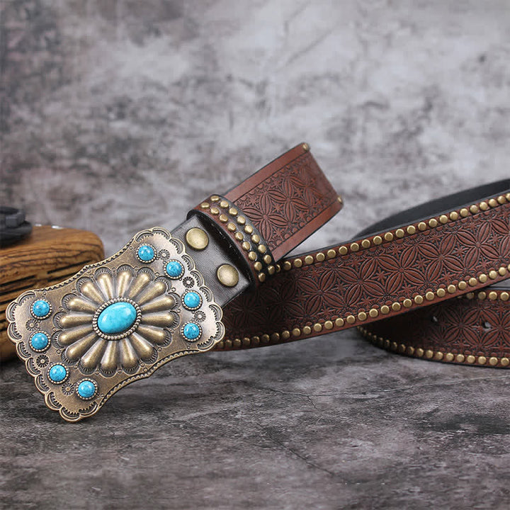 Men's Western Turquoise Stone Embellishment Leather Belt - image 3