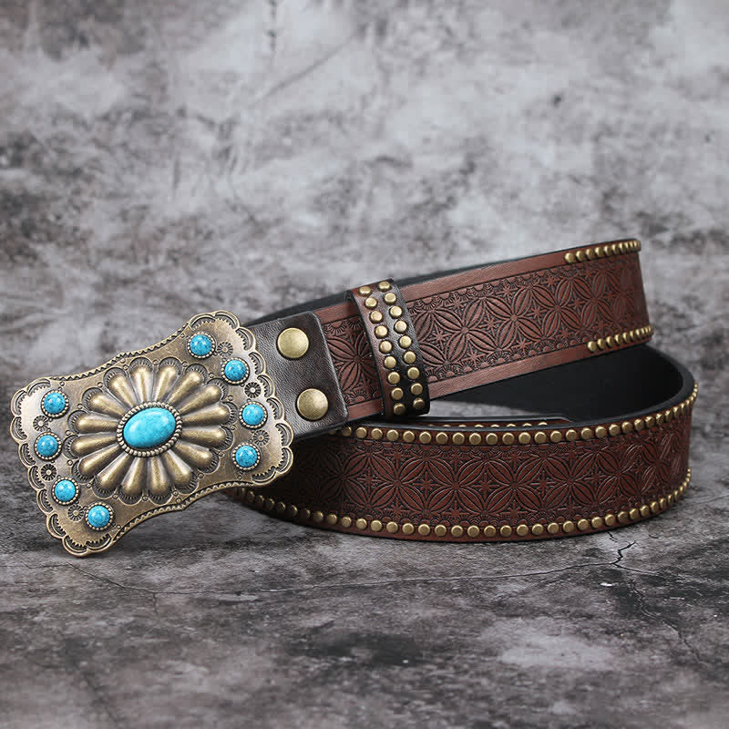 Men's Western Turquoise Stone Embellishment Leather Belt - image 1
