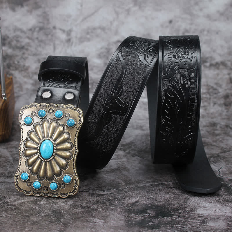 Men's Western Turquoise Stone Embellishment Leather Belt - Black - 42 - image 6