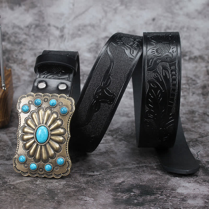 Men's Western Turquoise Stone Embellishment Leather Belt - Black - 42 - image 6