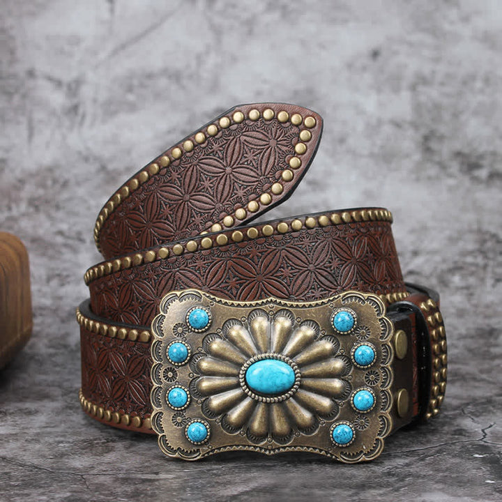 Men's Western Turquoise Stone Embellishment Leather Belt - Coffee - 42 - image 0