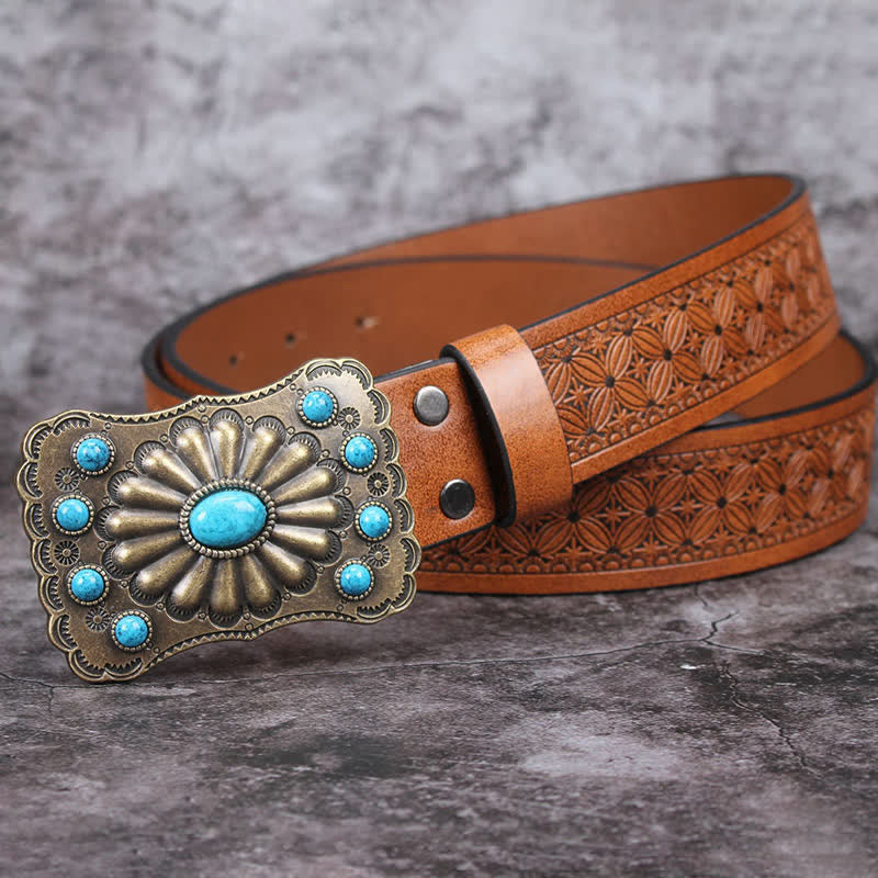 Men's Western Turquoise Stone Embellishment Leather Belt - Brown #2 - 42 - image 12