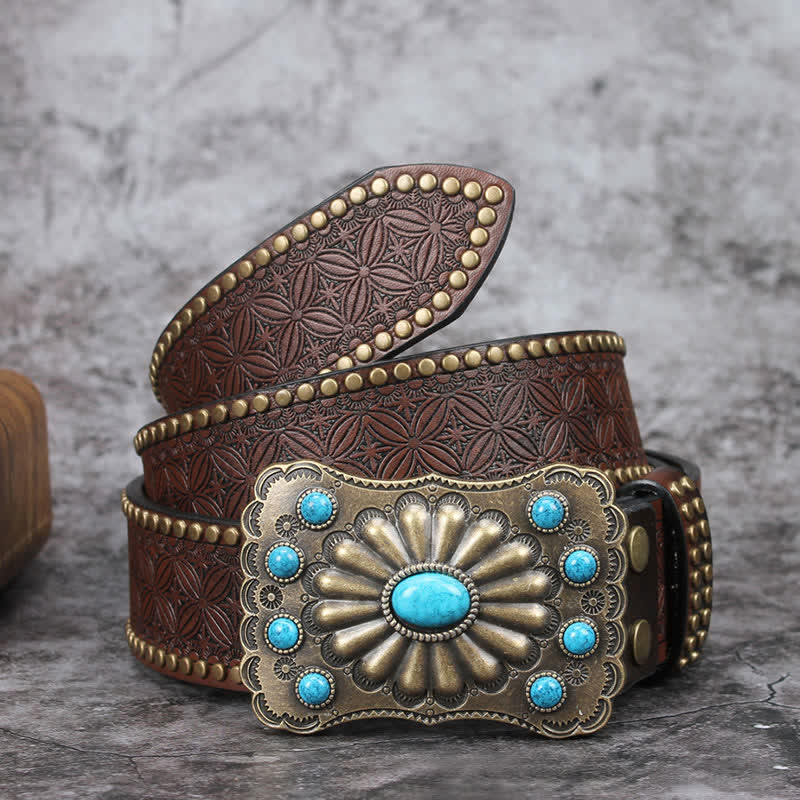 Men's Western Turquoise Stone Embellishment Leather Belt - Coffee - 42 - image 0