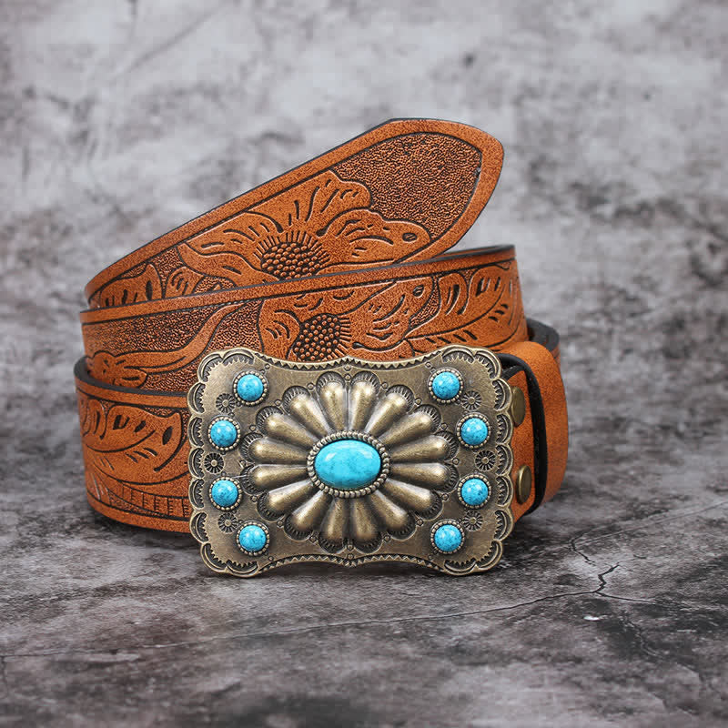 Men's Western Turquoise Stone Embellishment Leather Belt - Brown #1 - 42 - image 10