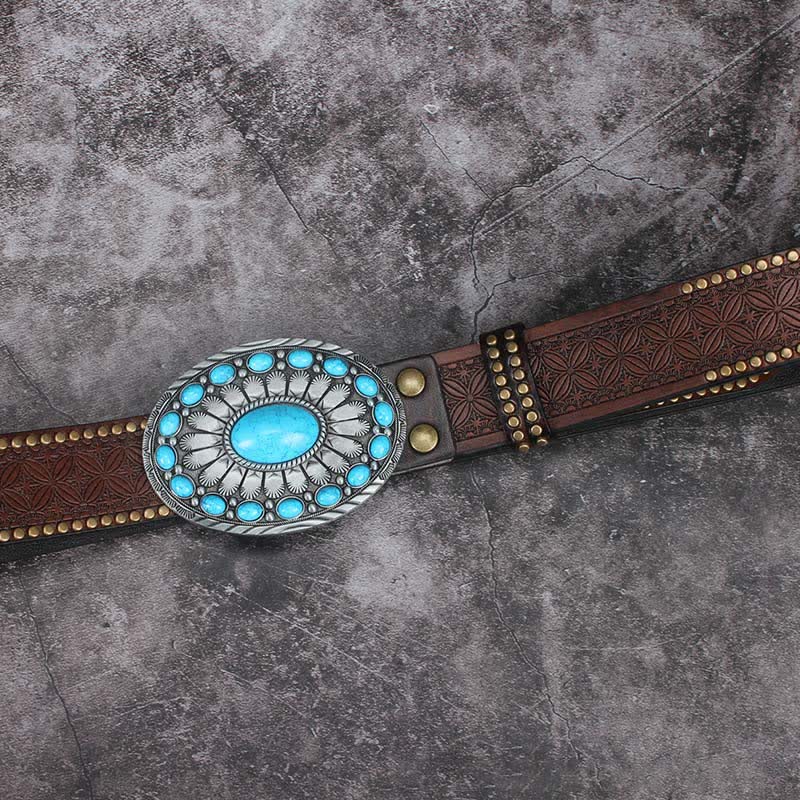 Men's Vintage Bohemia Turquoise Stone Leather Belt - image 10