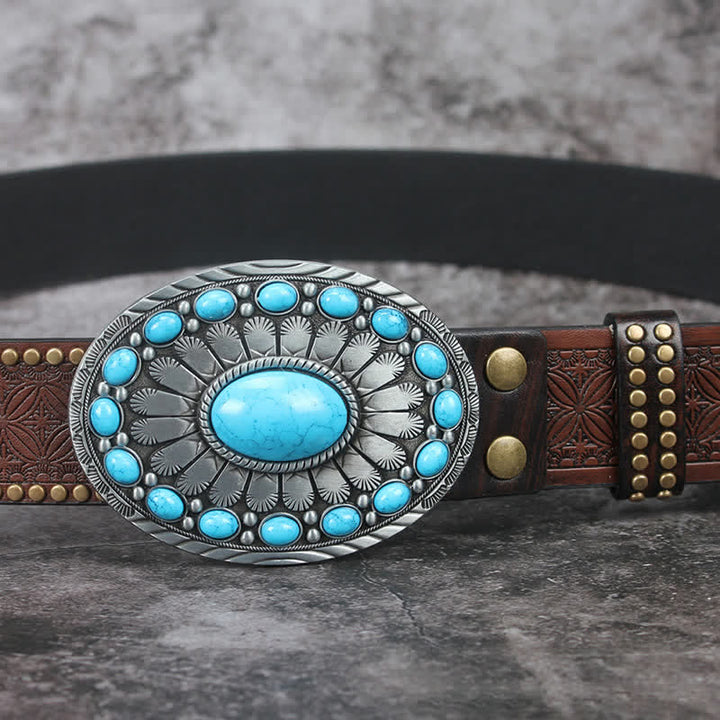Men's Vintage Bohemia Turquoise Stone Leather Belt - image 9