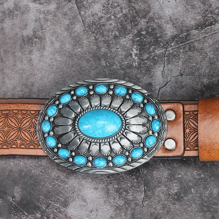 Men's Vintage Bohemia Turquoise Stone Leather Belt - image 2