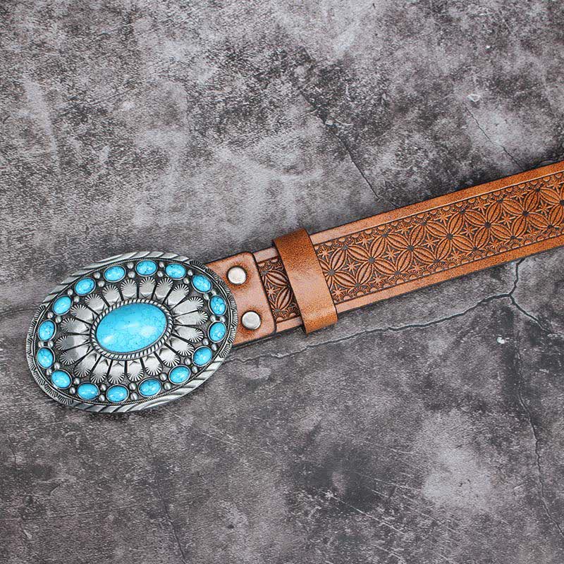 Men's Vintage Bohemia Turquoise Stone Leather Belt - image 1